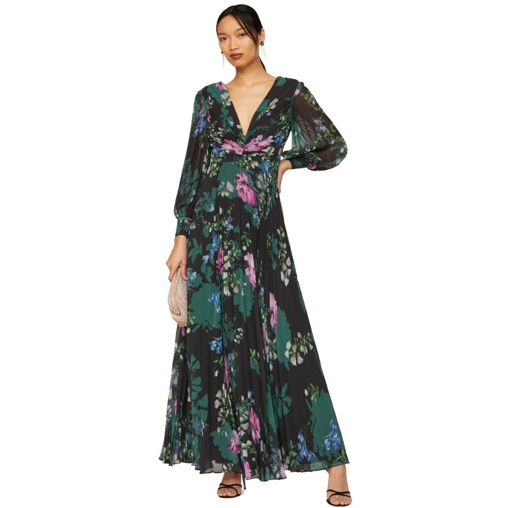 BADGLEY MISCHKA Black Floral Pleated Gown MSRP $915